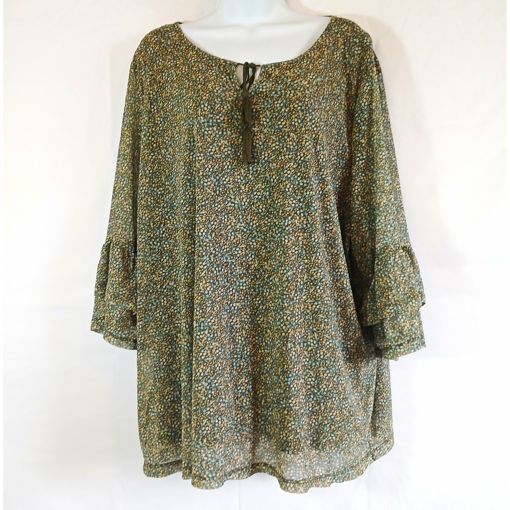 CJ Banks Blouse Green Floral round Neck 3/4 sheer bell Sleeve Sz 3X casual work